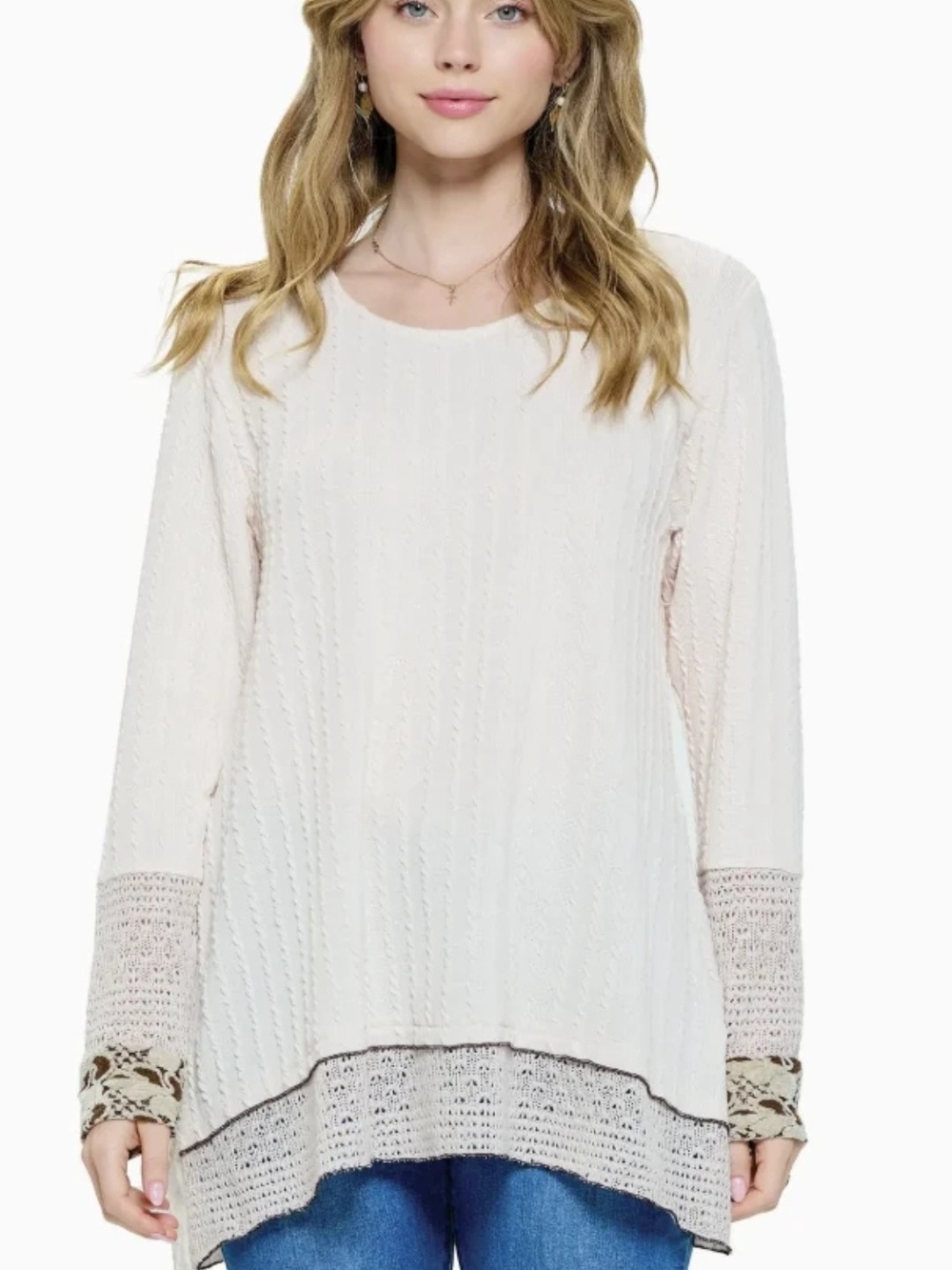 NWT Yak & Yeti Boho Cable Knit Lace Trim Tunic Top - Size L